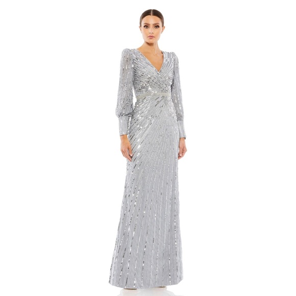 Mac Duggal Sequined Wrap Over Bishop Sleeve Gown Size 14